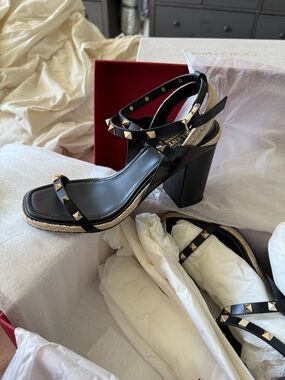 Valentino Black Studded Espadrille Block Heel Sandals